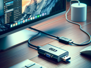 "USB to VGA adapter connected to a laptop for hot-swapping display, illustrating compatibility and convenience in connecting multiple monitors."